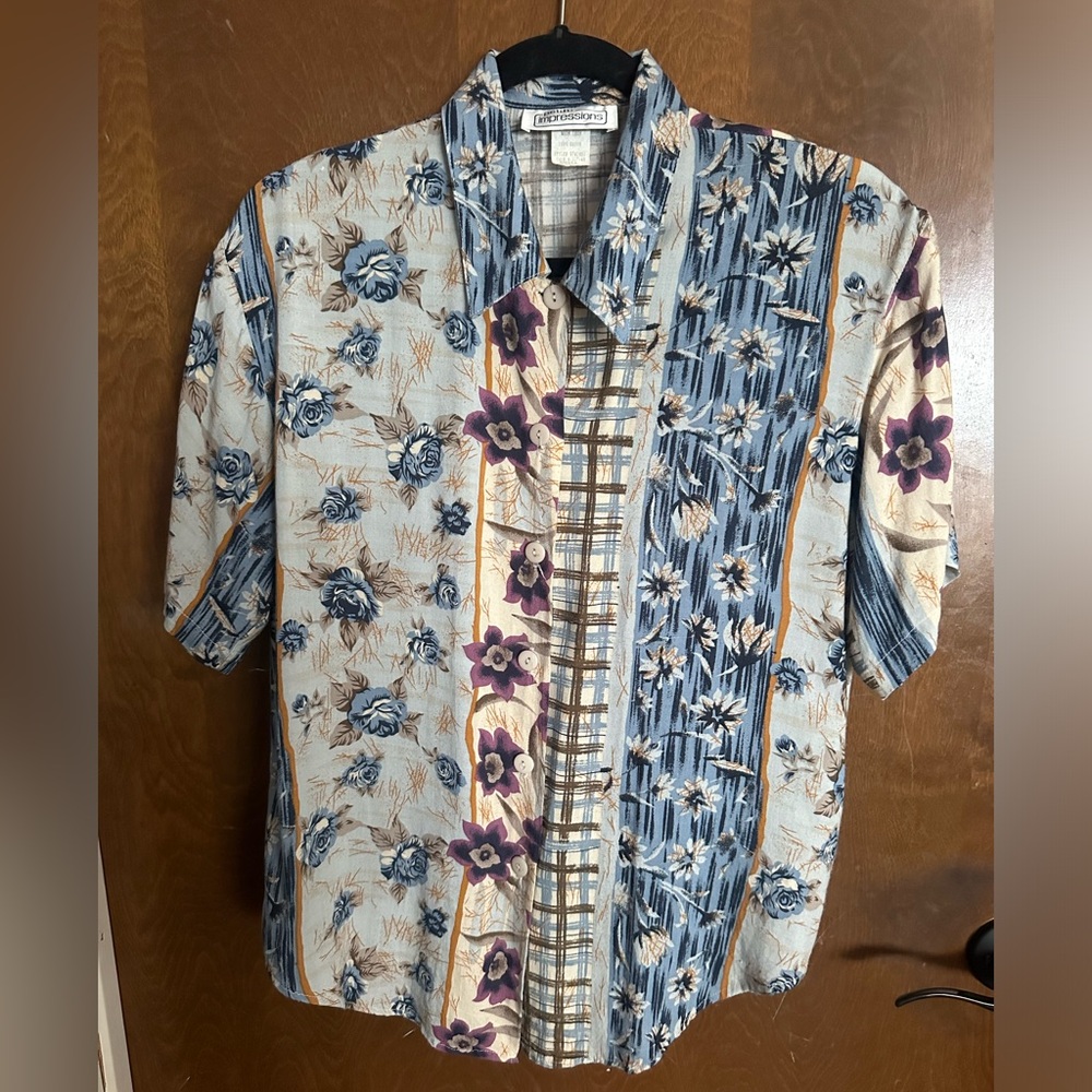 Blue Floral Patterned Button Down Top - Hawaiian Shirt Hippy Cottagecore